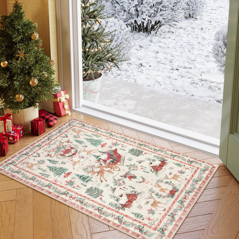 Lahome front view of beige Christmas rug showing festive Santa design and cozy look