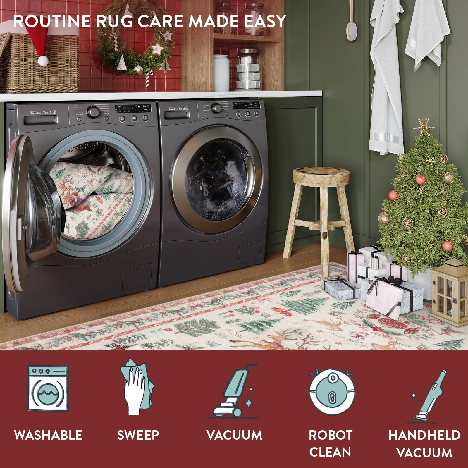Lahome rug styled in an entryway adding holiday charm and protecting floors