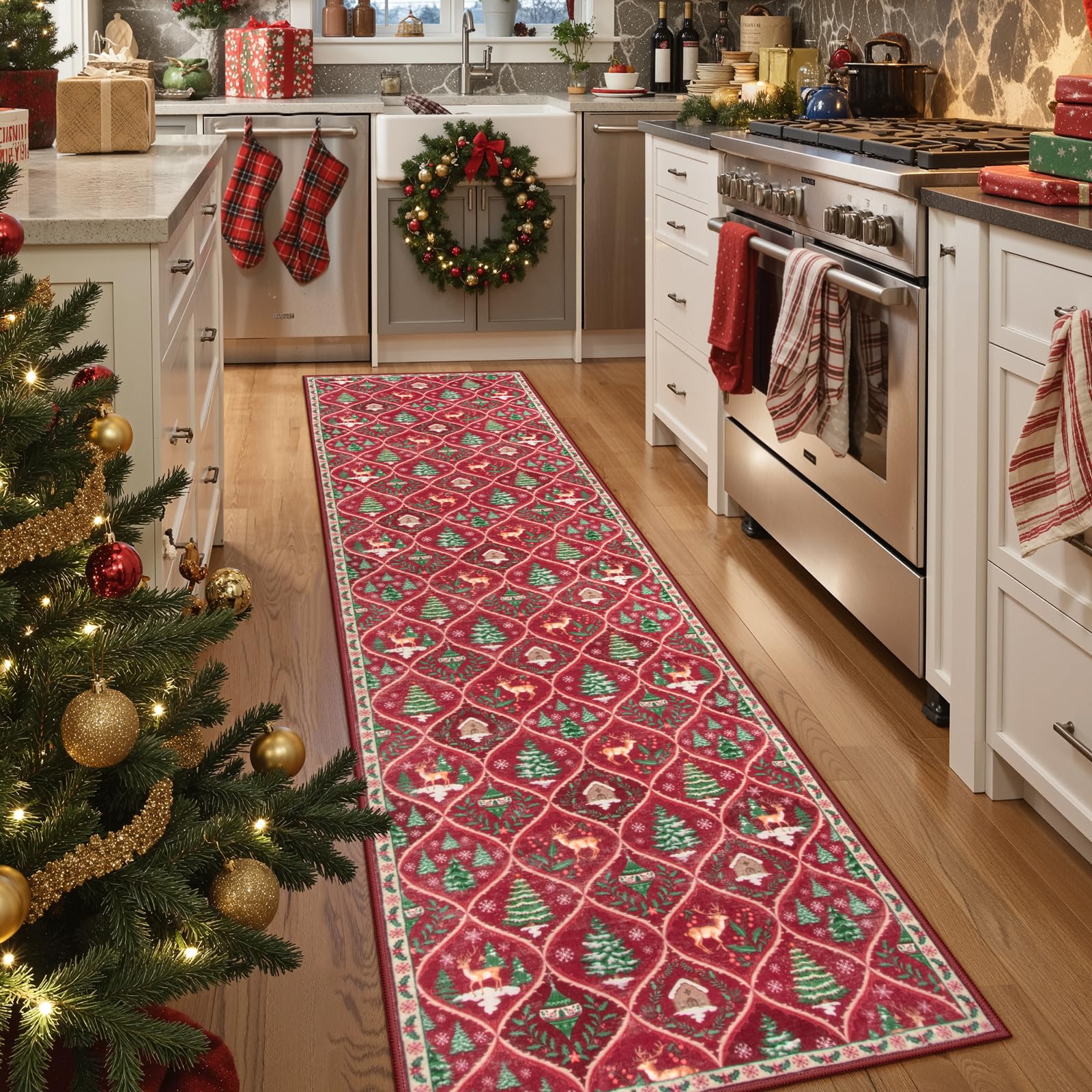 Lahome runner front view showing festive red reindeer pattern and holiday cheer