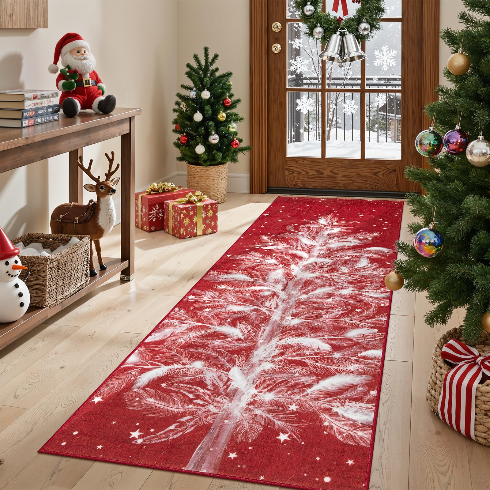 Lahome front view of runner showing Christmas tree print and festive color