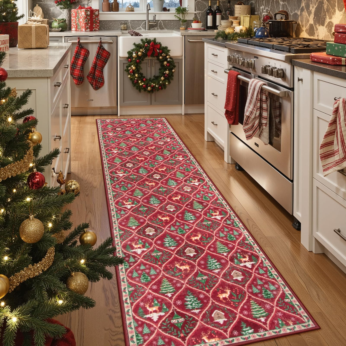 Lahome runner front view showing festive red reindeer pattern and holiday cheer