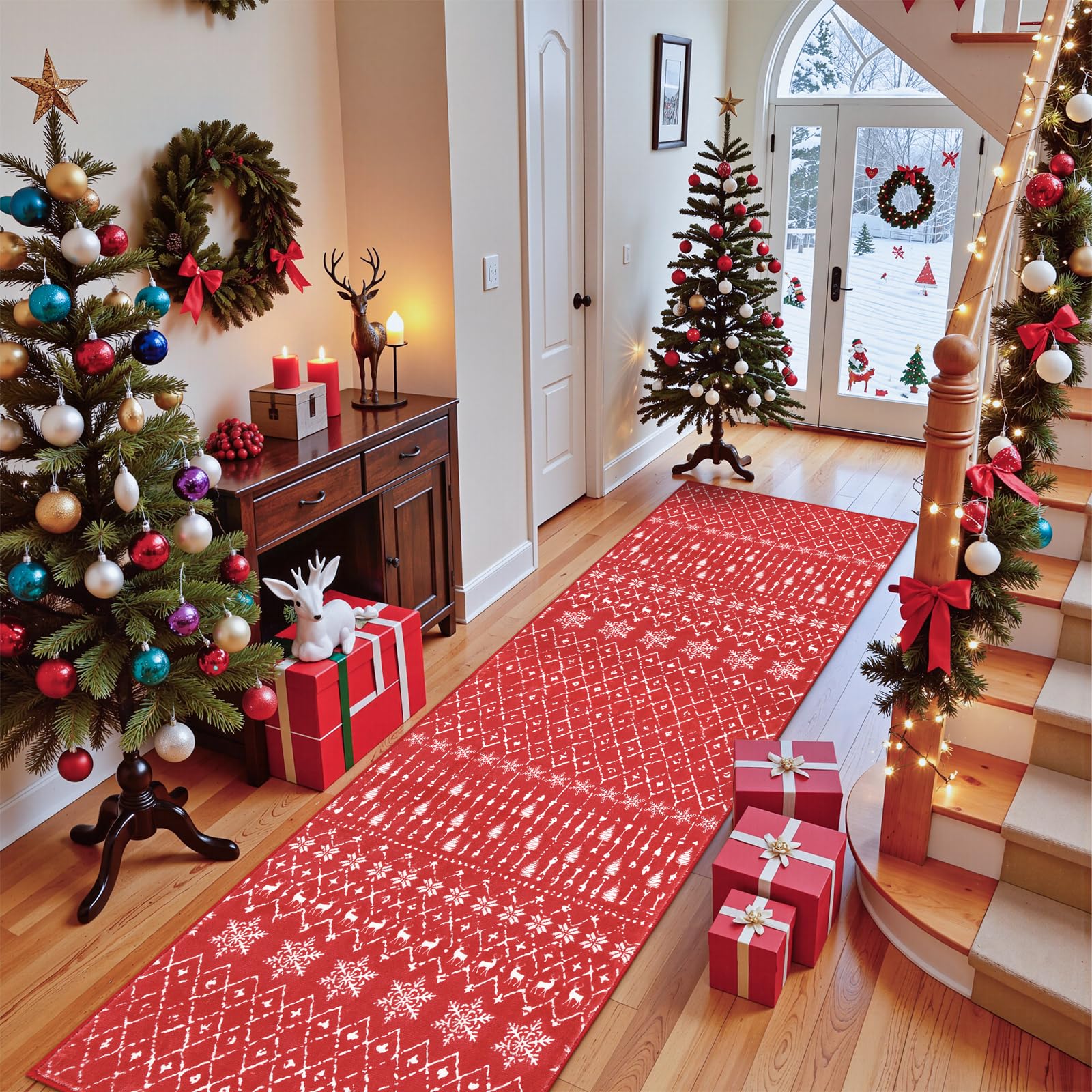 Lahome front view of red Christmas runner showing festive snowflake design and entrance appeal