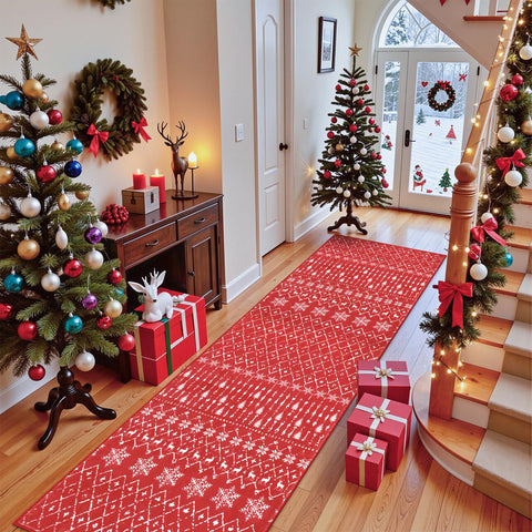 Lahome front view of red Christmas runner showing festive snowflake design and entrance appeal