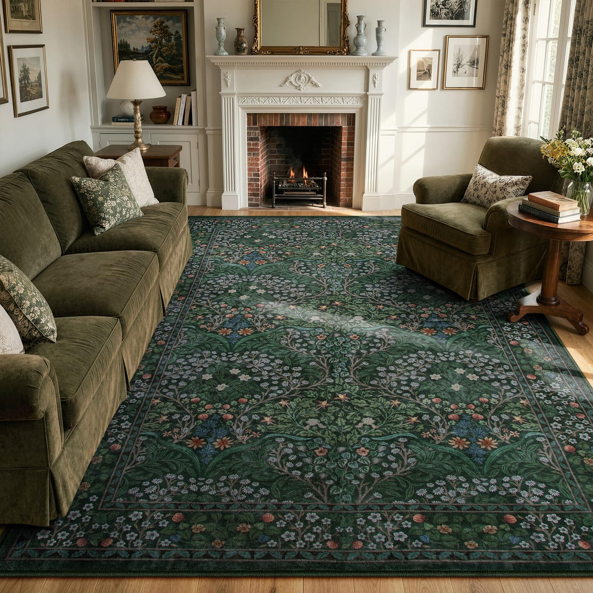 Lahome front view showing dark green botanical design and room anchoring benefit