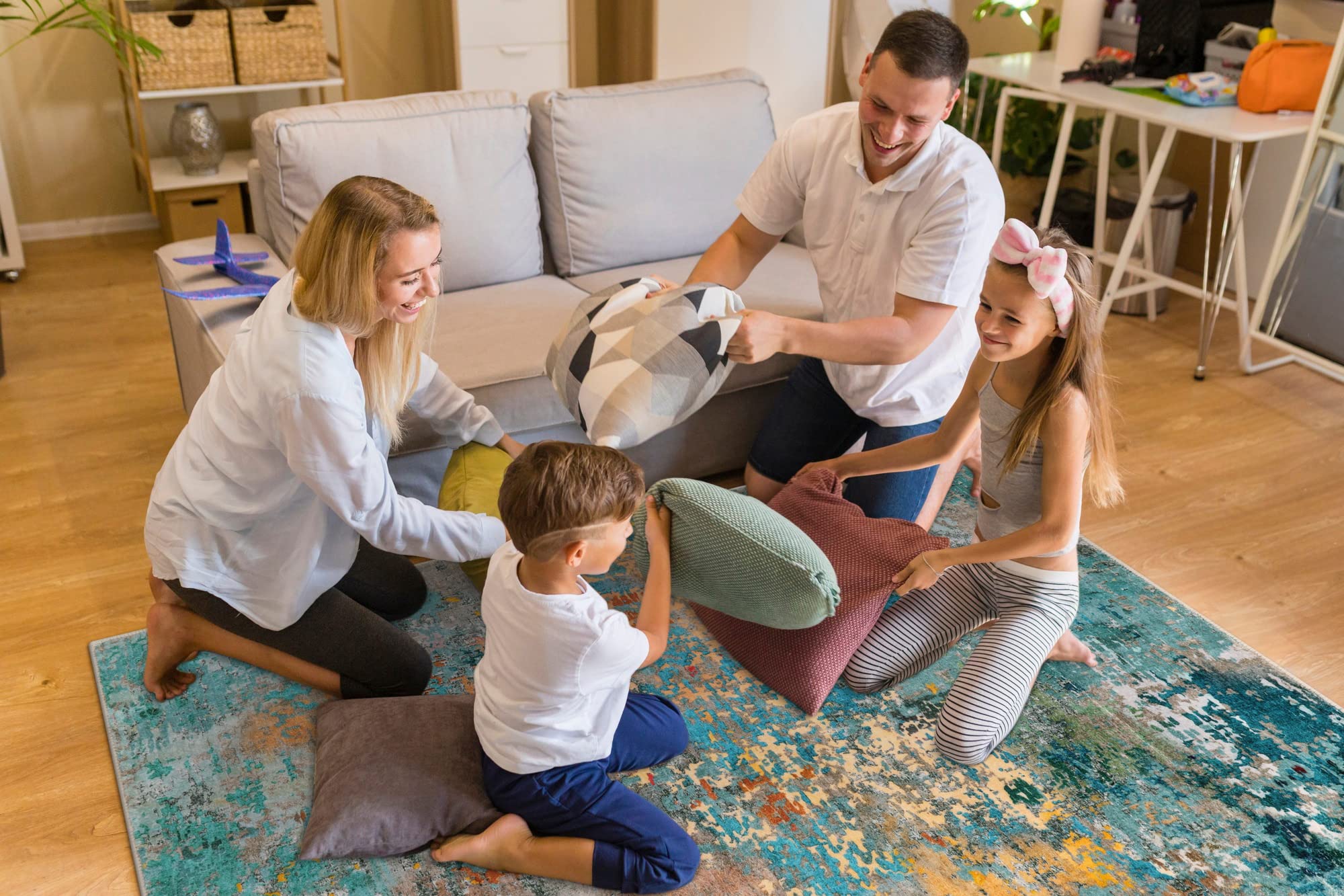 Lahome rug beneath dining table showing easy-care dining area upgrade