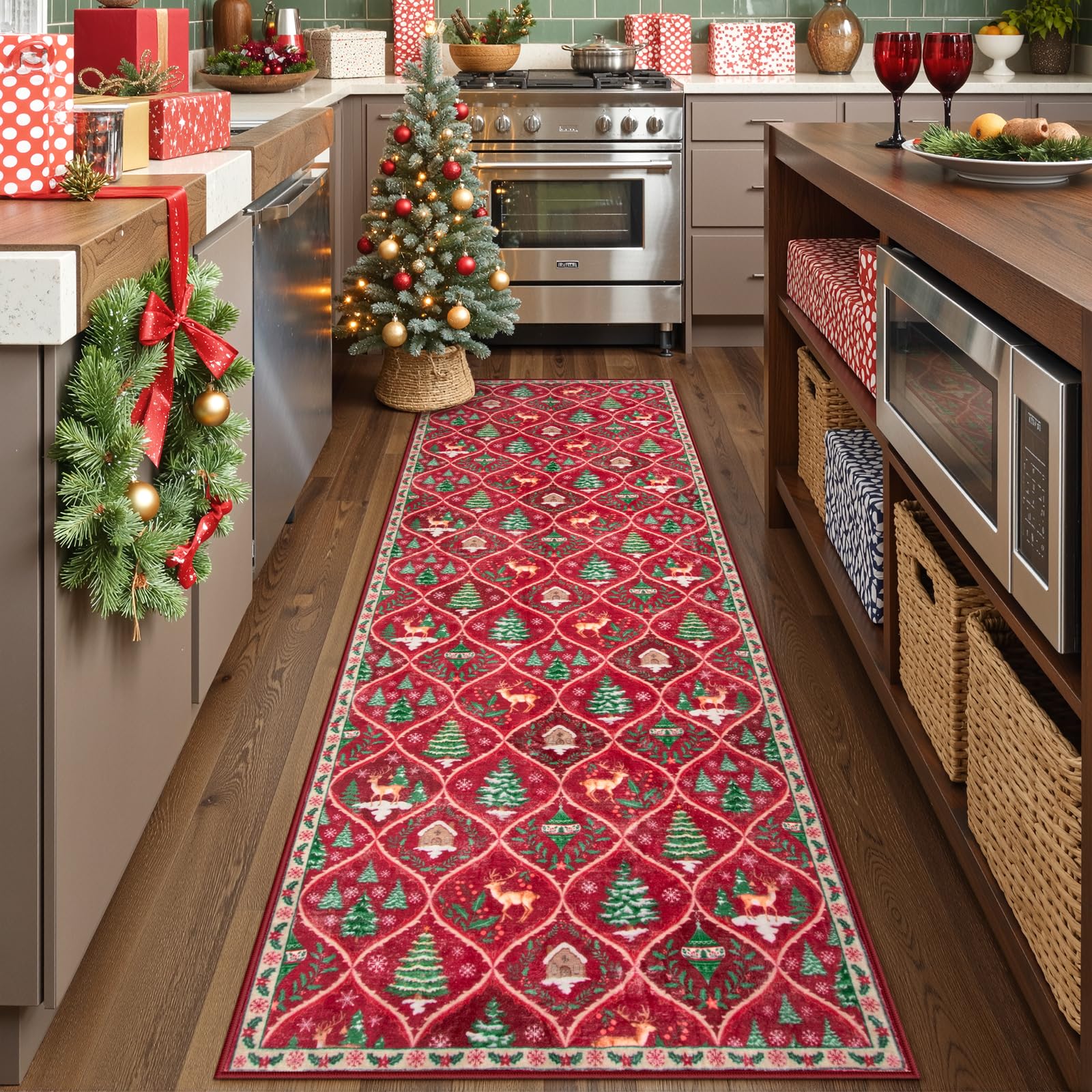 Lahome runner front view showing festive reindeer and trees, adds holiday cheer