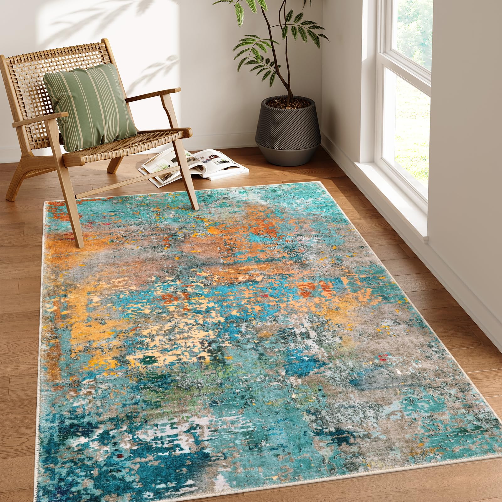 Lahome front view of 5x7 rug showing abstract color palette and modern benefit