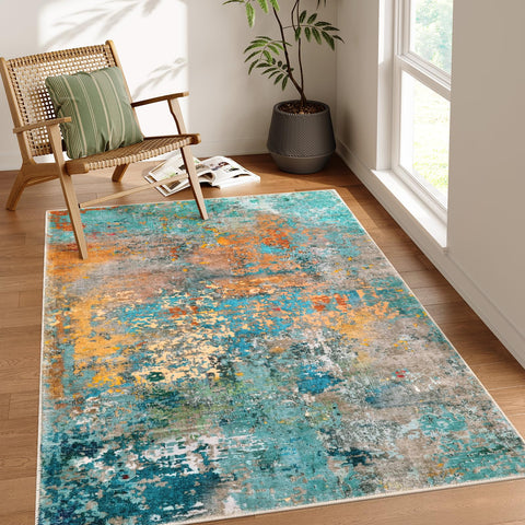 Lahome front view of 5x7 rug showing abstract color palette and modern benefit