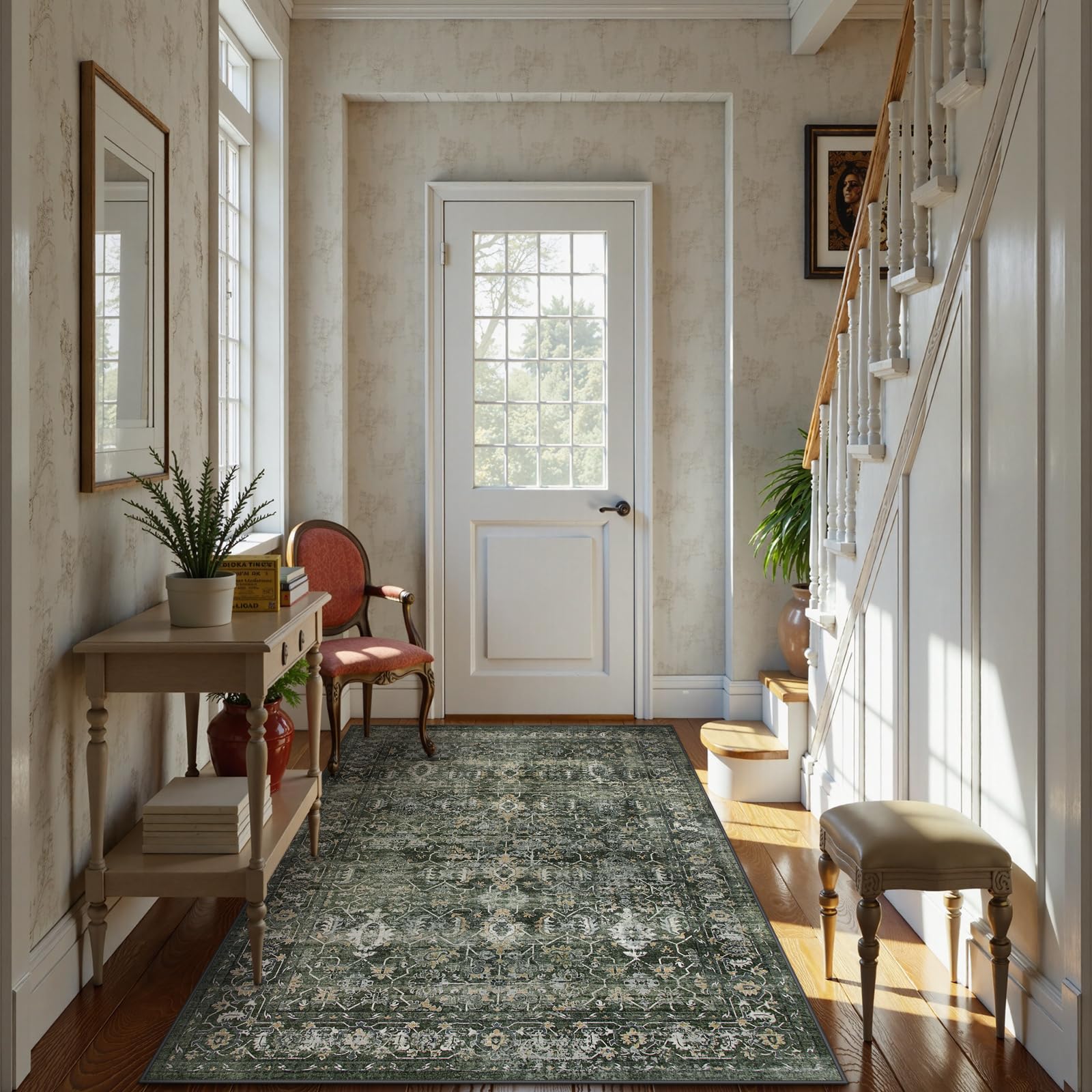 Lahome rug next to a chair showing scale and clearance for chair movement