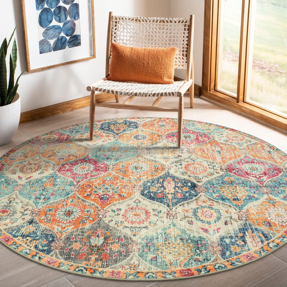 Lahome front view of round rug showing Moroccan medallion and warm tones for style