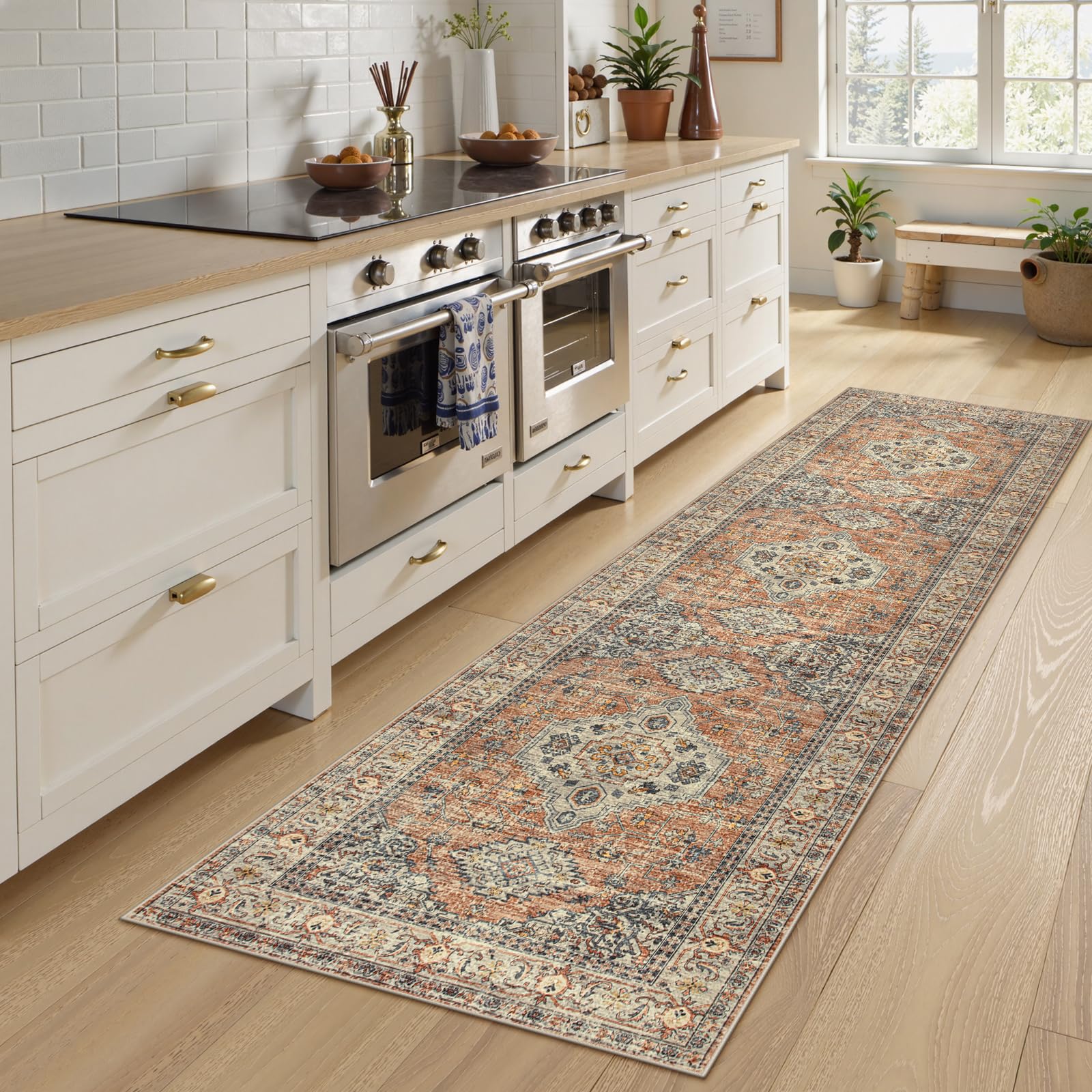 Lahome front view of oriental runner rug showing full pattern and entryway appeal