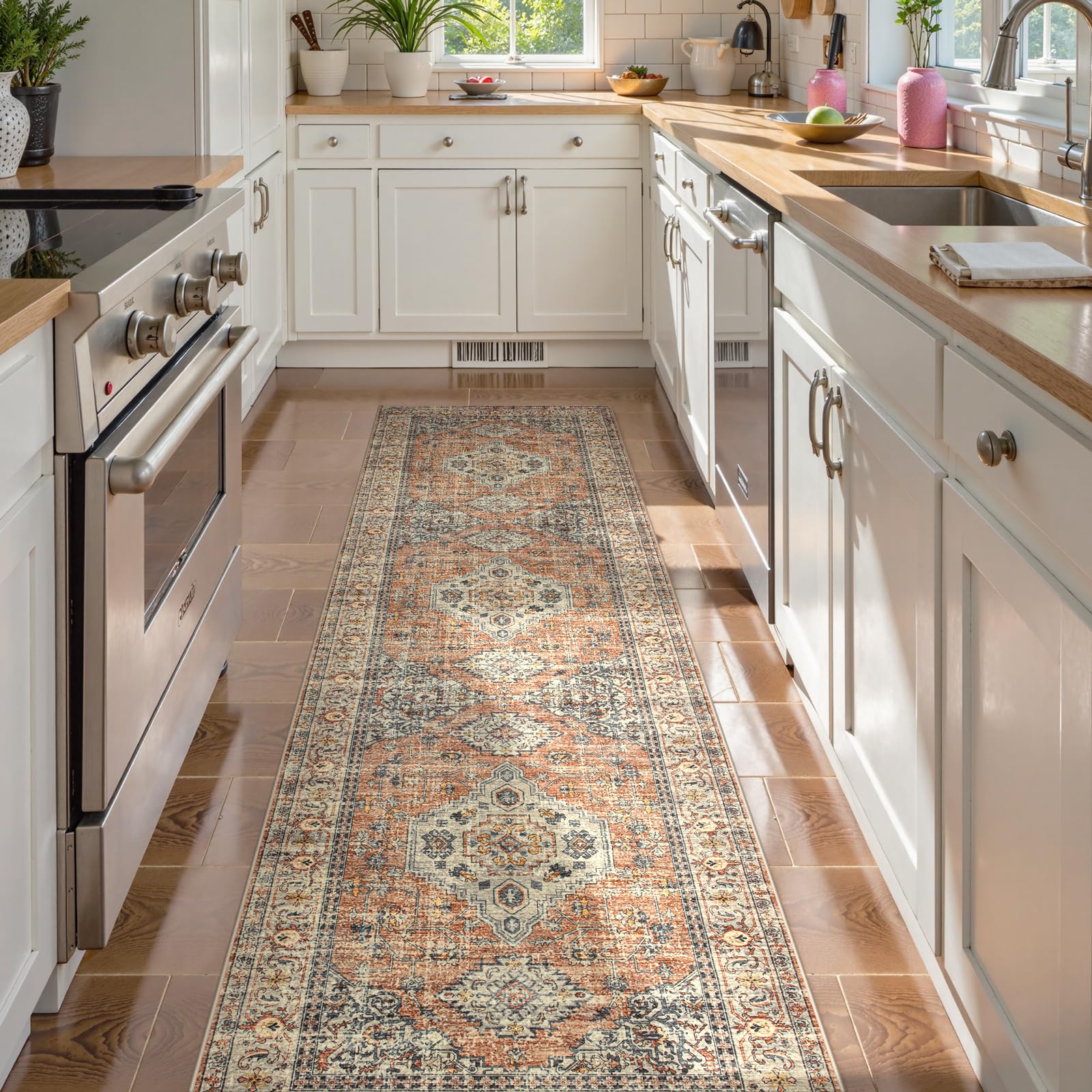 Lahome runner front view shows full Oriental pattern and length benefit
