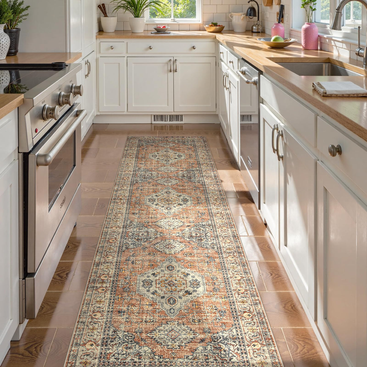 Lahome runner front view shows full Oriental pattern and length benefit