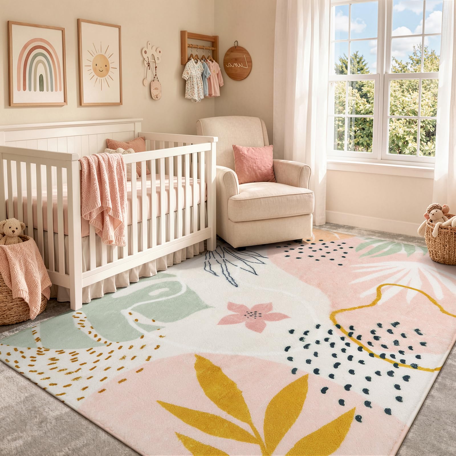 Lahome pink boho rug front view showing soft botanical decor and cozy vibe