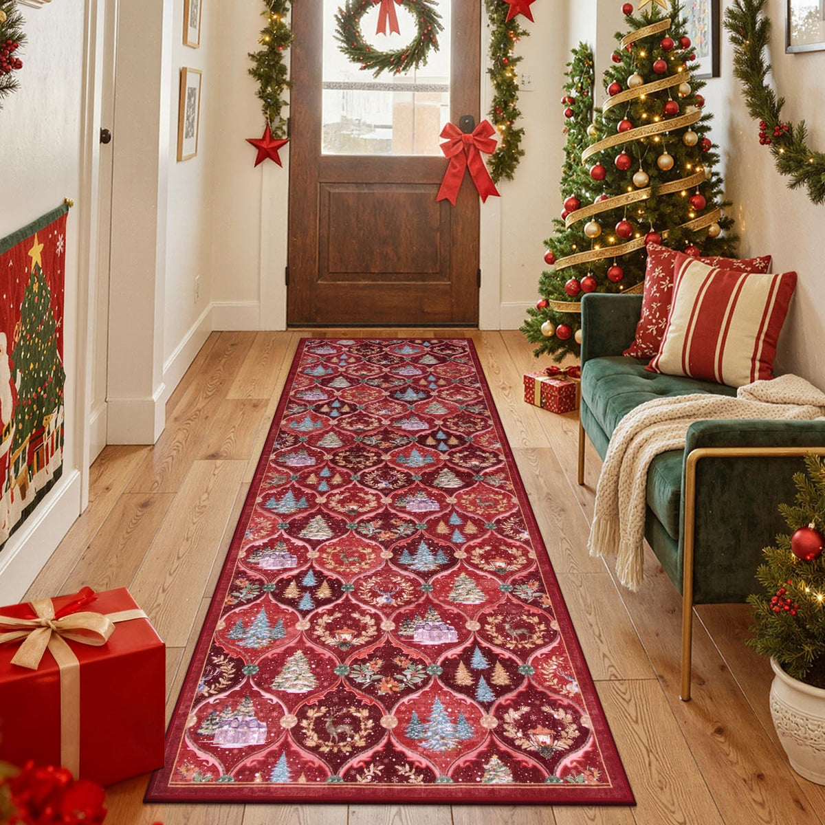 Lahome front view of red Christmas runner showing festive pattern and welcoming entry