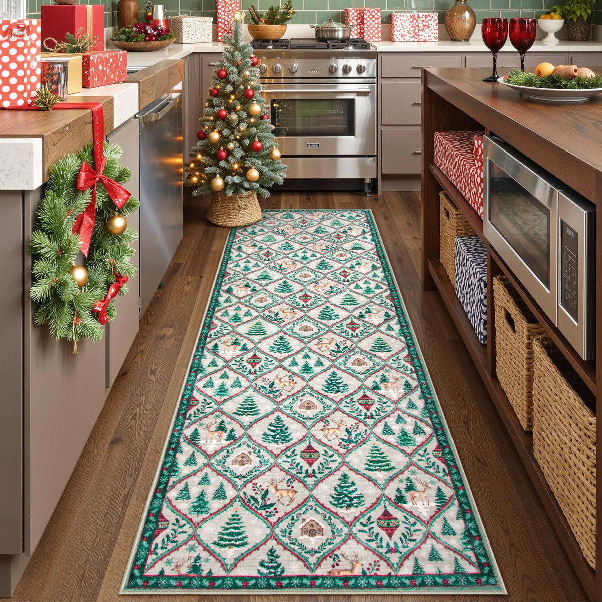 Lahome runner front view showing reindeer print and festive appeal