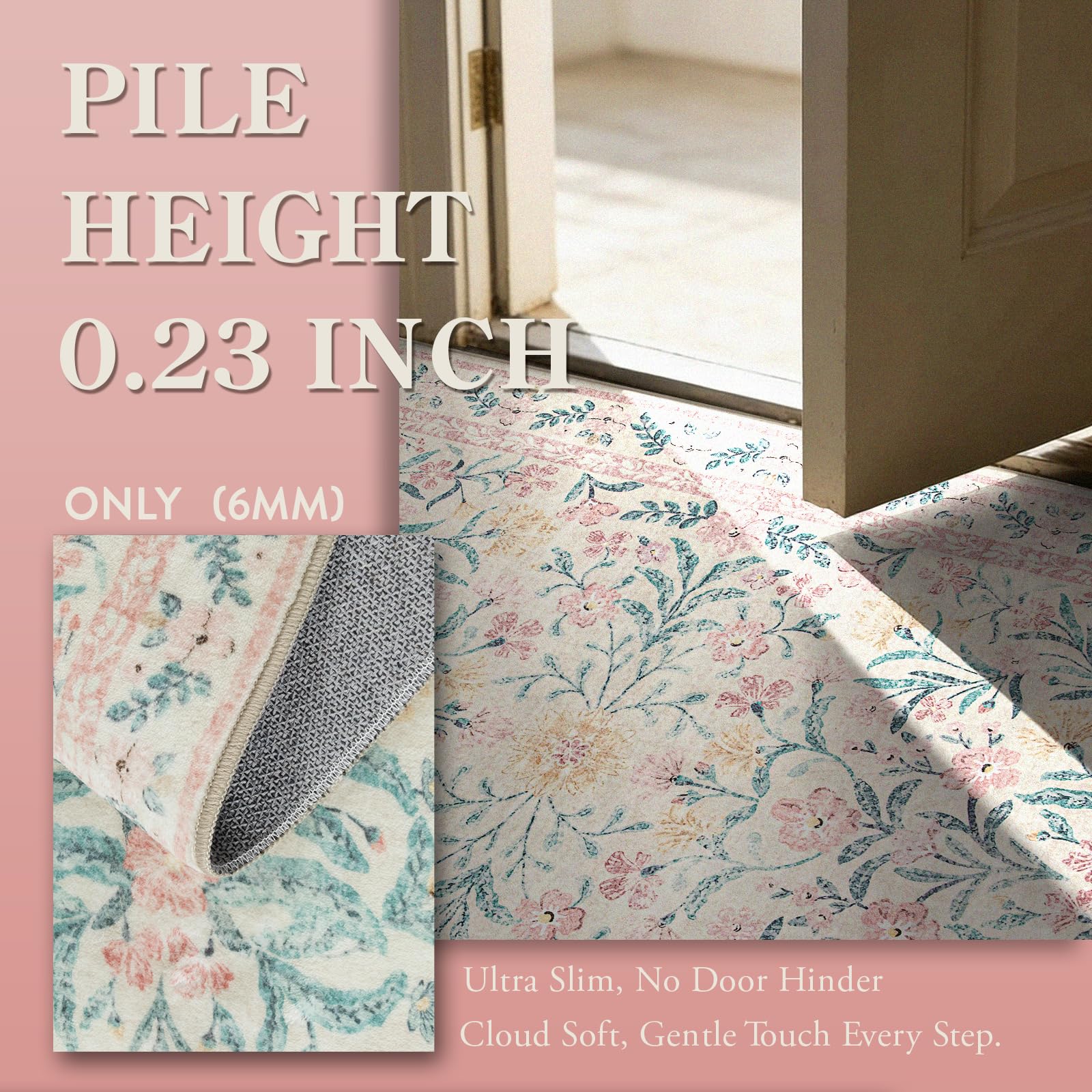Lahome Sylvie Pink next to furniture showing 5x7 scale and floor coverage