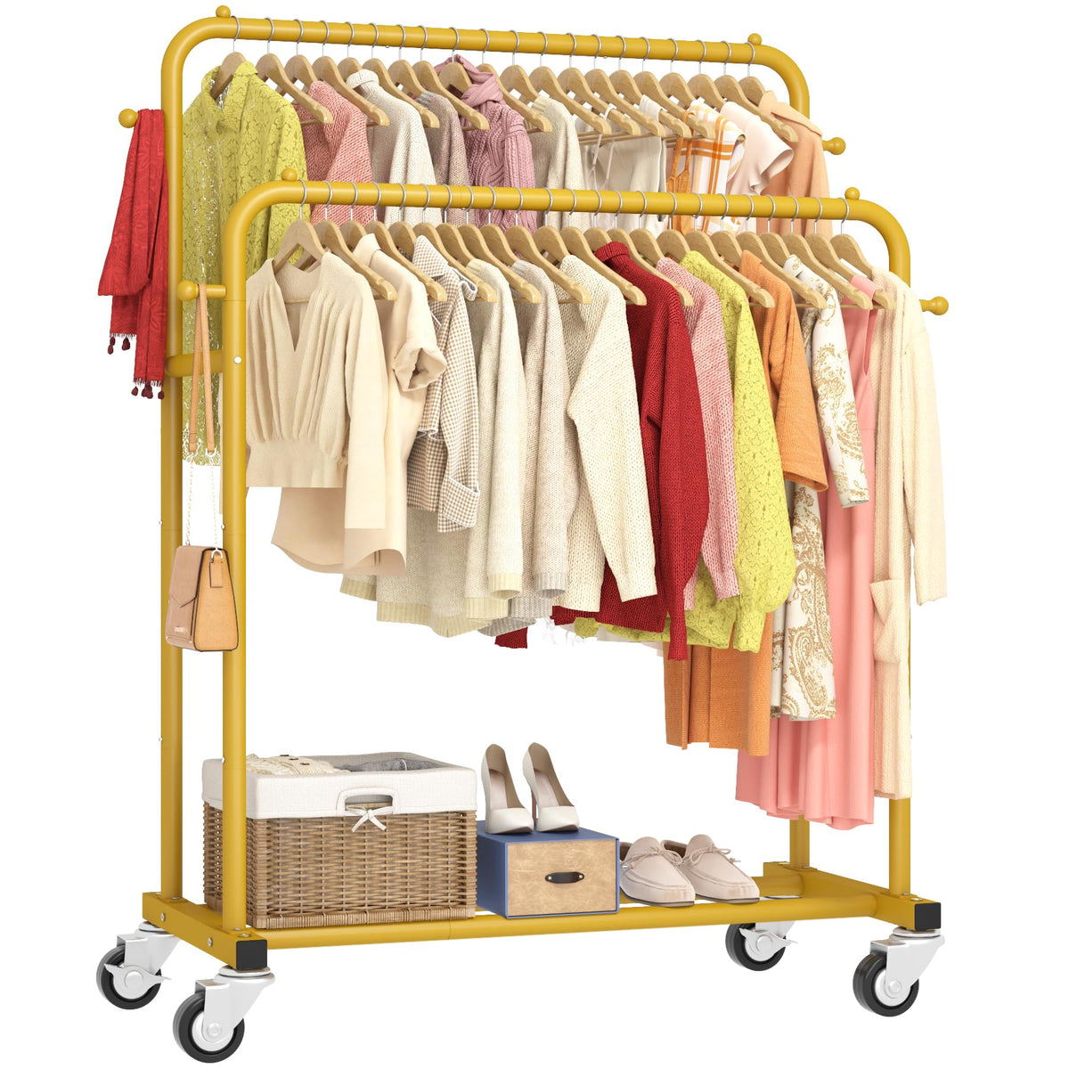 Laiensia front view gold garment rack showing organized clothes and benefit of open visibility