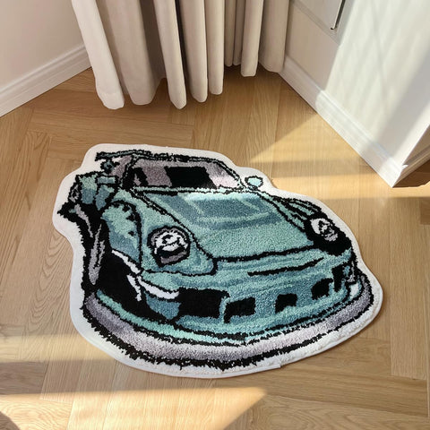LAKEA front view of green sports car rug showing playful shape and color