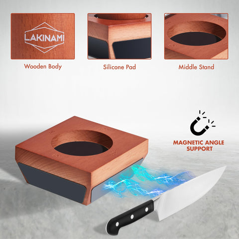 LAKINAMI sharpener in use in kitchen demonstrating quick blade restoration