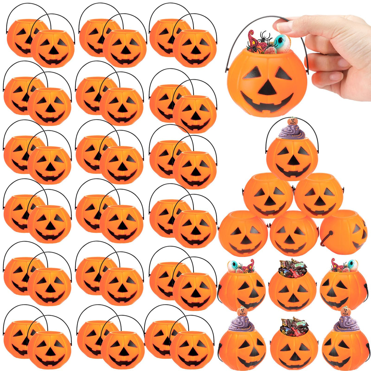 Lallisa front view of boxed 50 pumpkin buckets showing quantity and packaging benefit