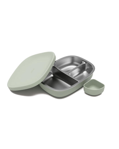 Lalo bento box front view showing closed lid and compact shape for easy carrying