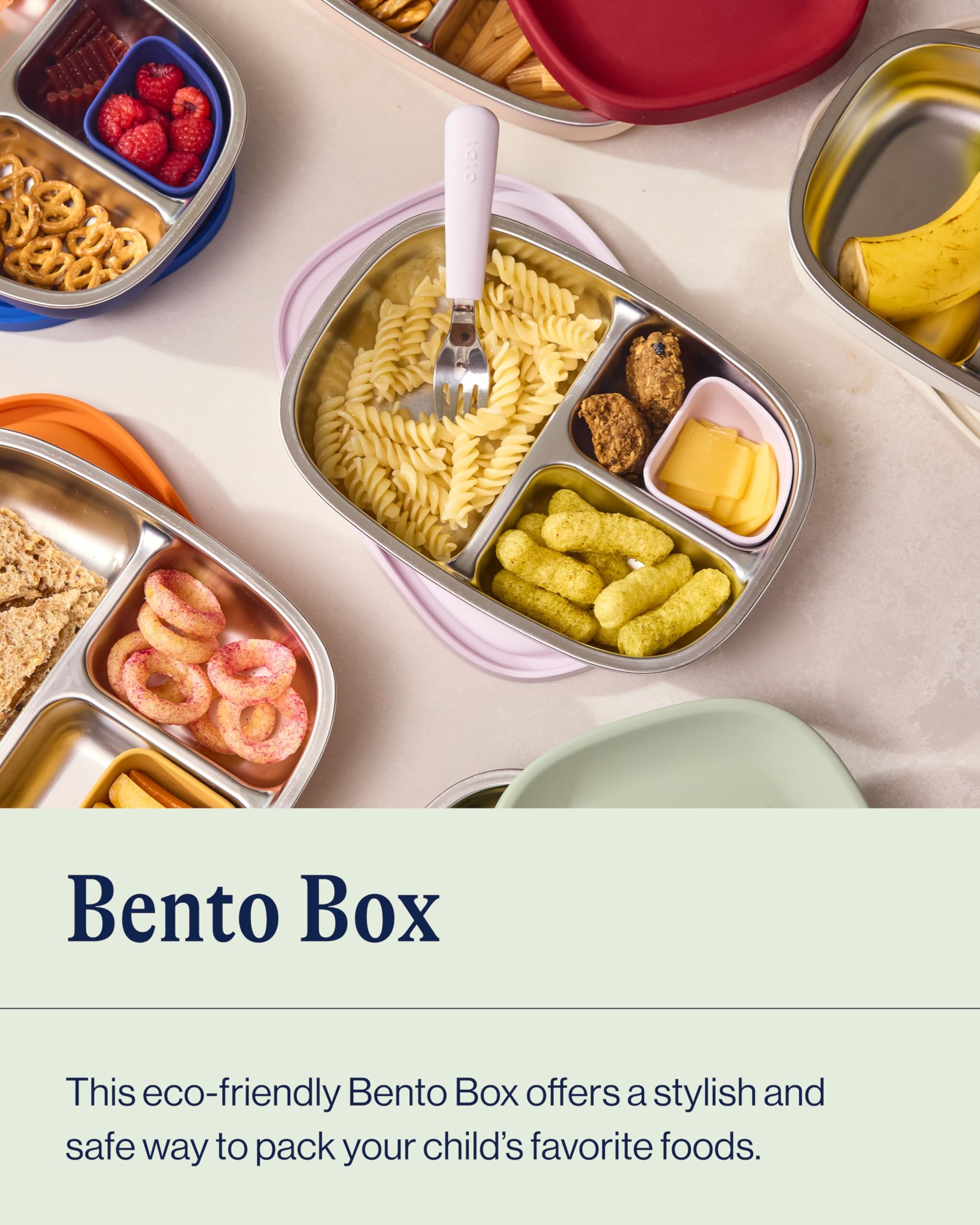 Lalo bento box open with separated foods demonstrating organized meal storage