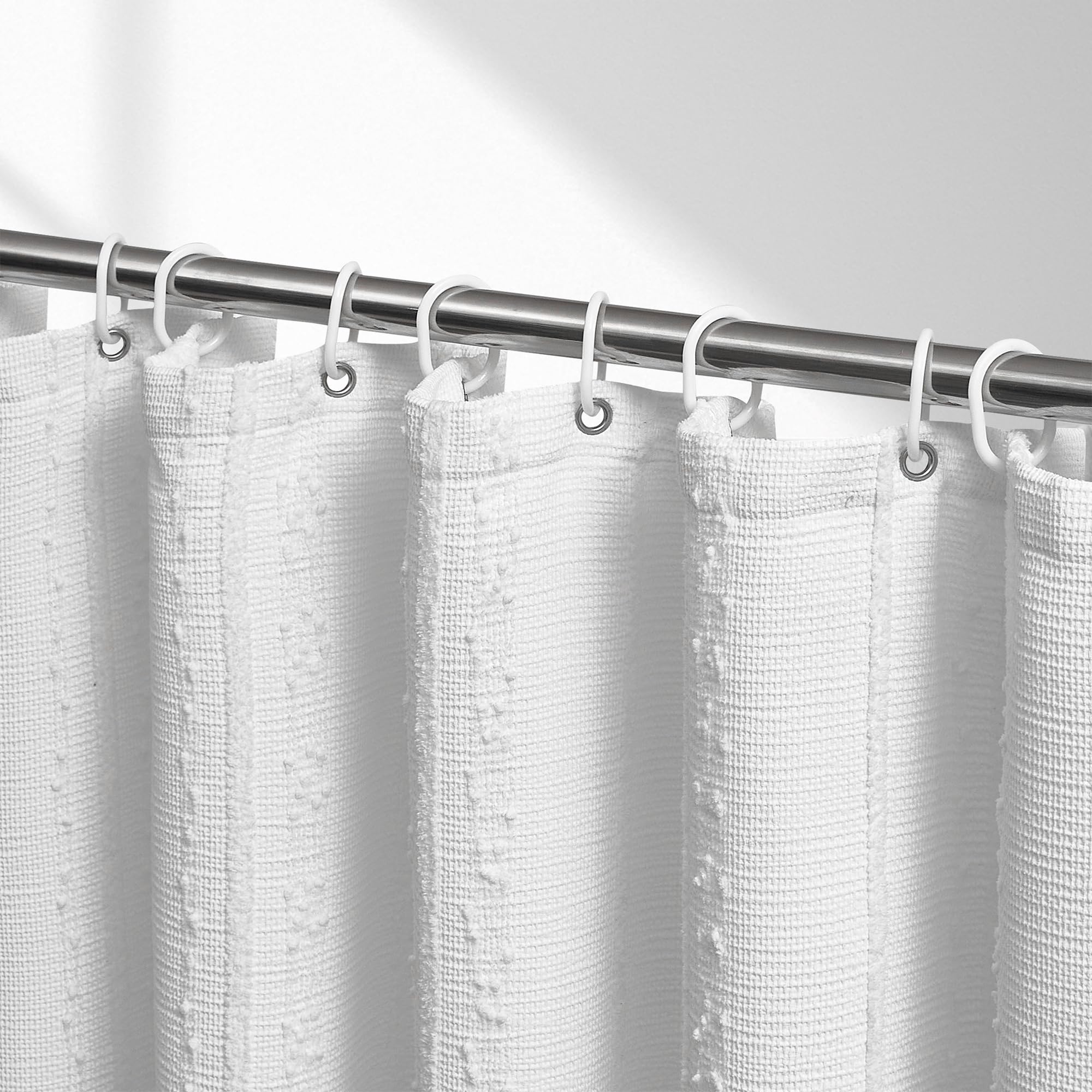 Lameirose front view of white waffle curtain showing clean farmhouse appeal