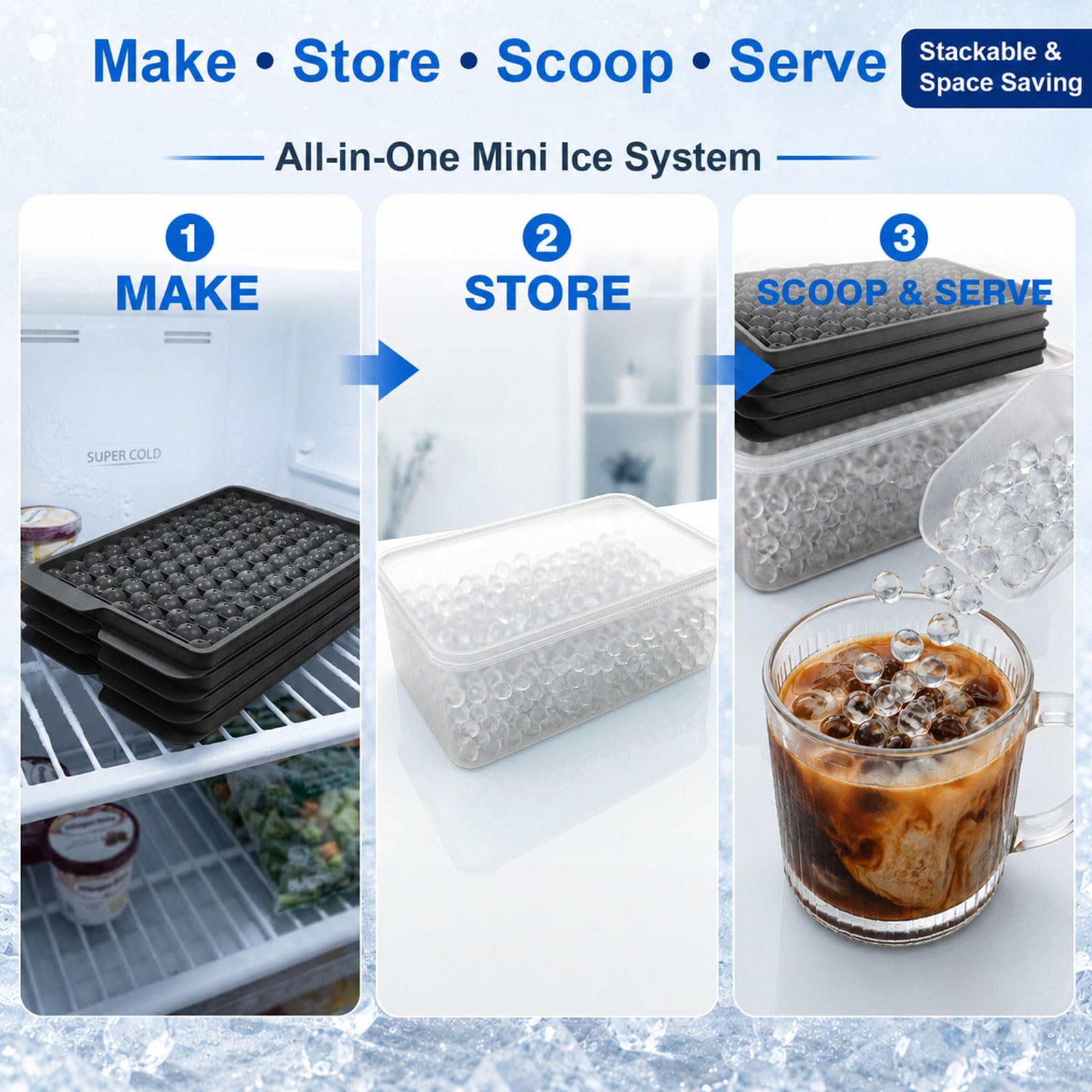 Lamesa storage bin with scoop holding produced pebble ice for quick access