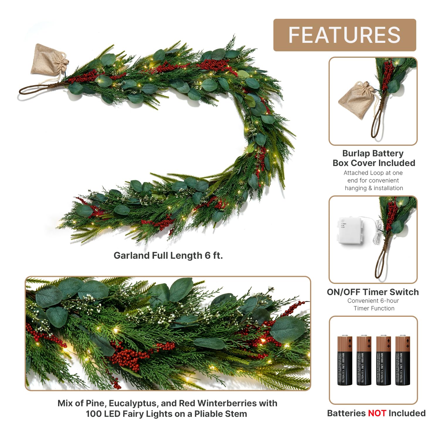 LampLust lit garland on mantel at night, creates warm cozy ambiance
