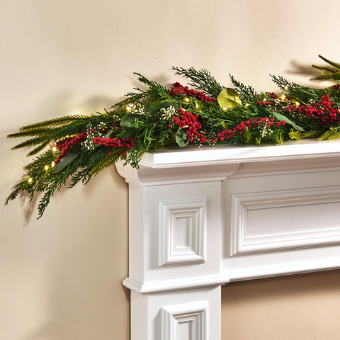 LampLust garland front view showing berries and lights, enhances mantle decor
