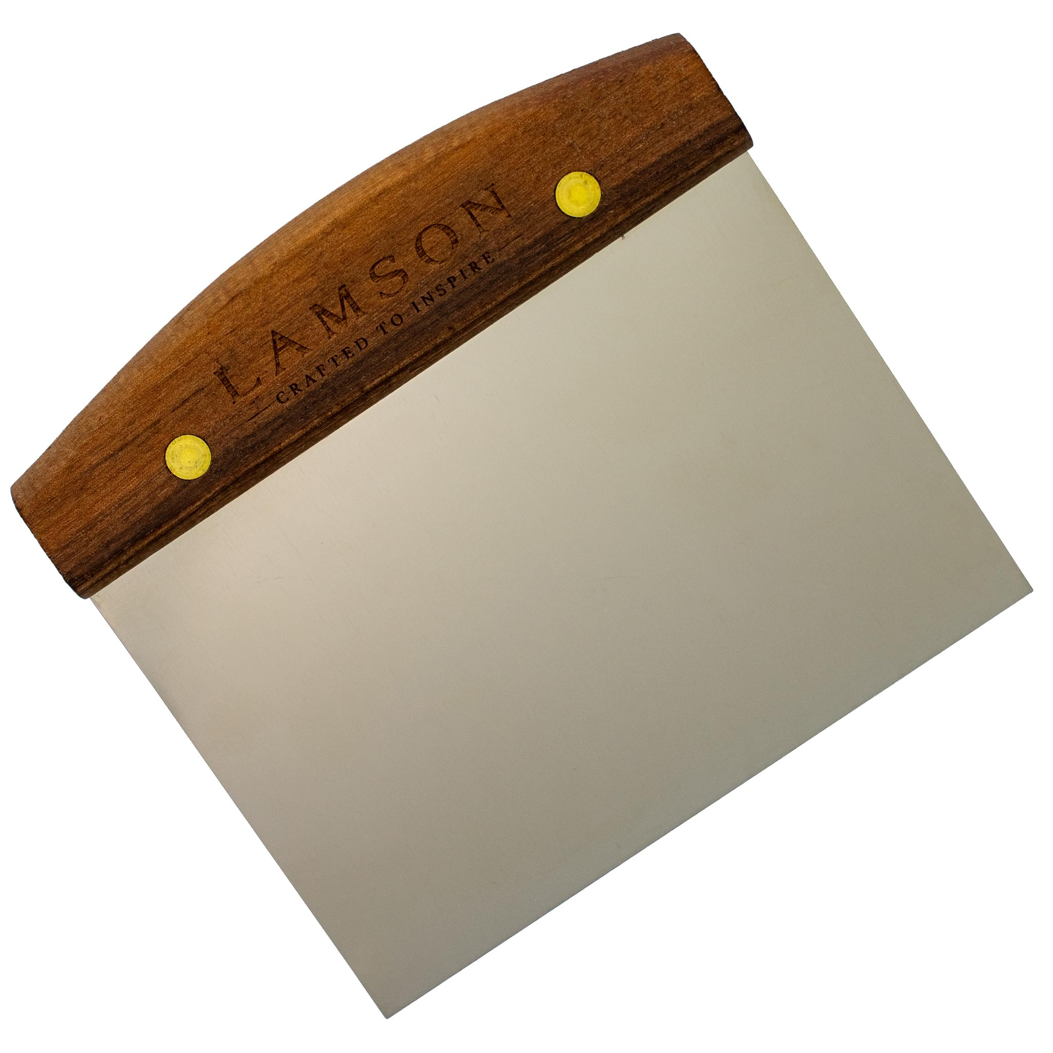 Lamson bench scraper front view showing walnut handle and forged stainless blade for durability