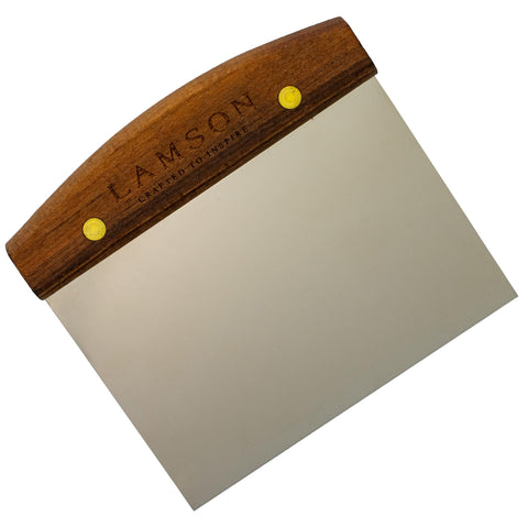 Lamson bench scraper front view showing walnut handle and forged stainless blade for durability