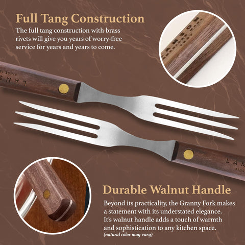Lamson fork beside kitchen knife showing 7-inch scale benefit