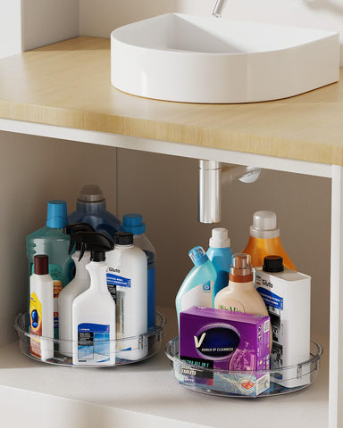 LAMU on bathroom counter holding skincare showing neat display and quick reach