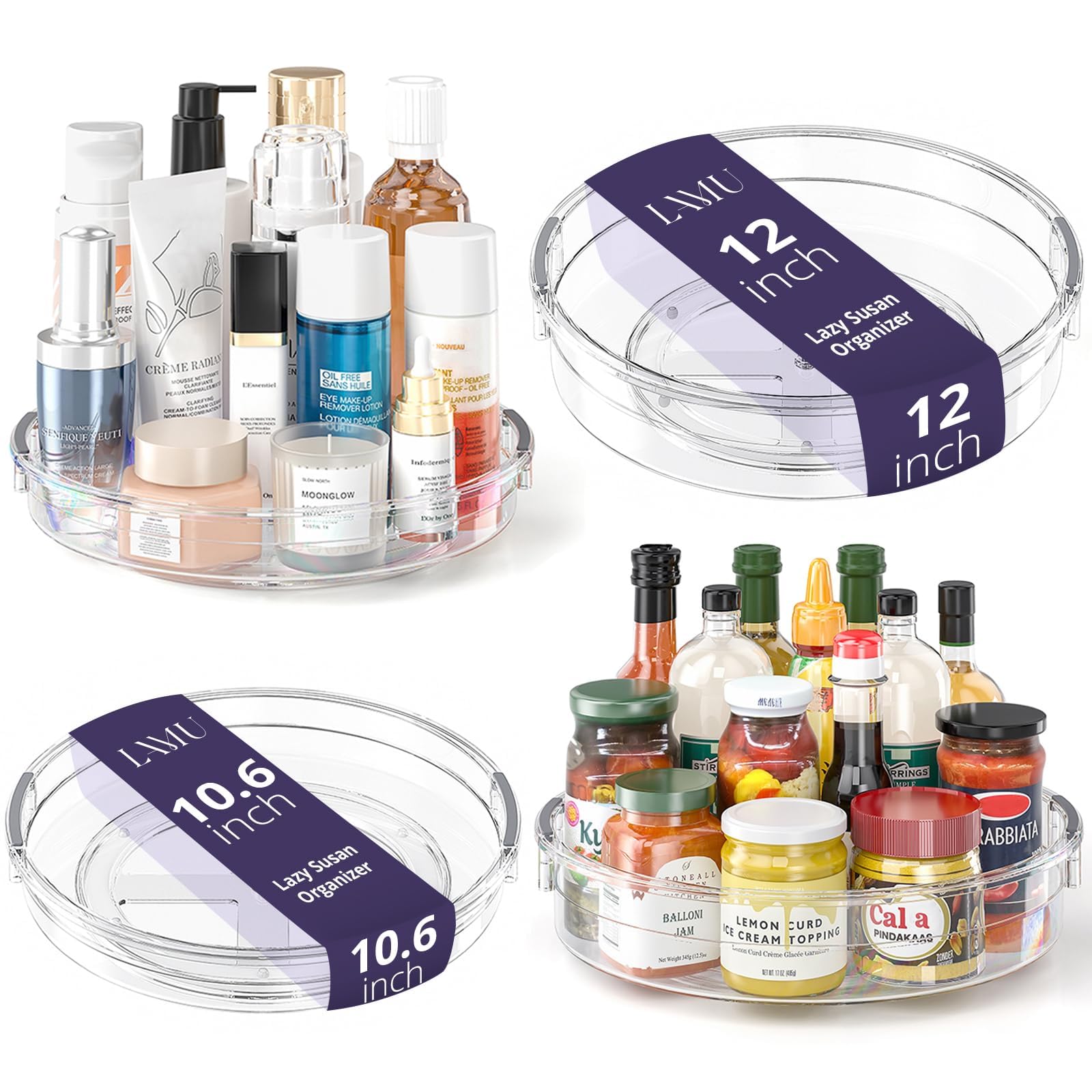 LAMU clear lazy susan pack front view showing all four organizers for neat storage