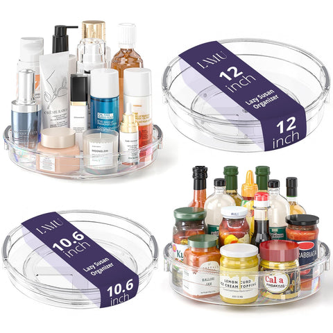 LAMU clear lazy susan pack front view showing all four organizers for neat storage