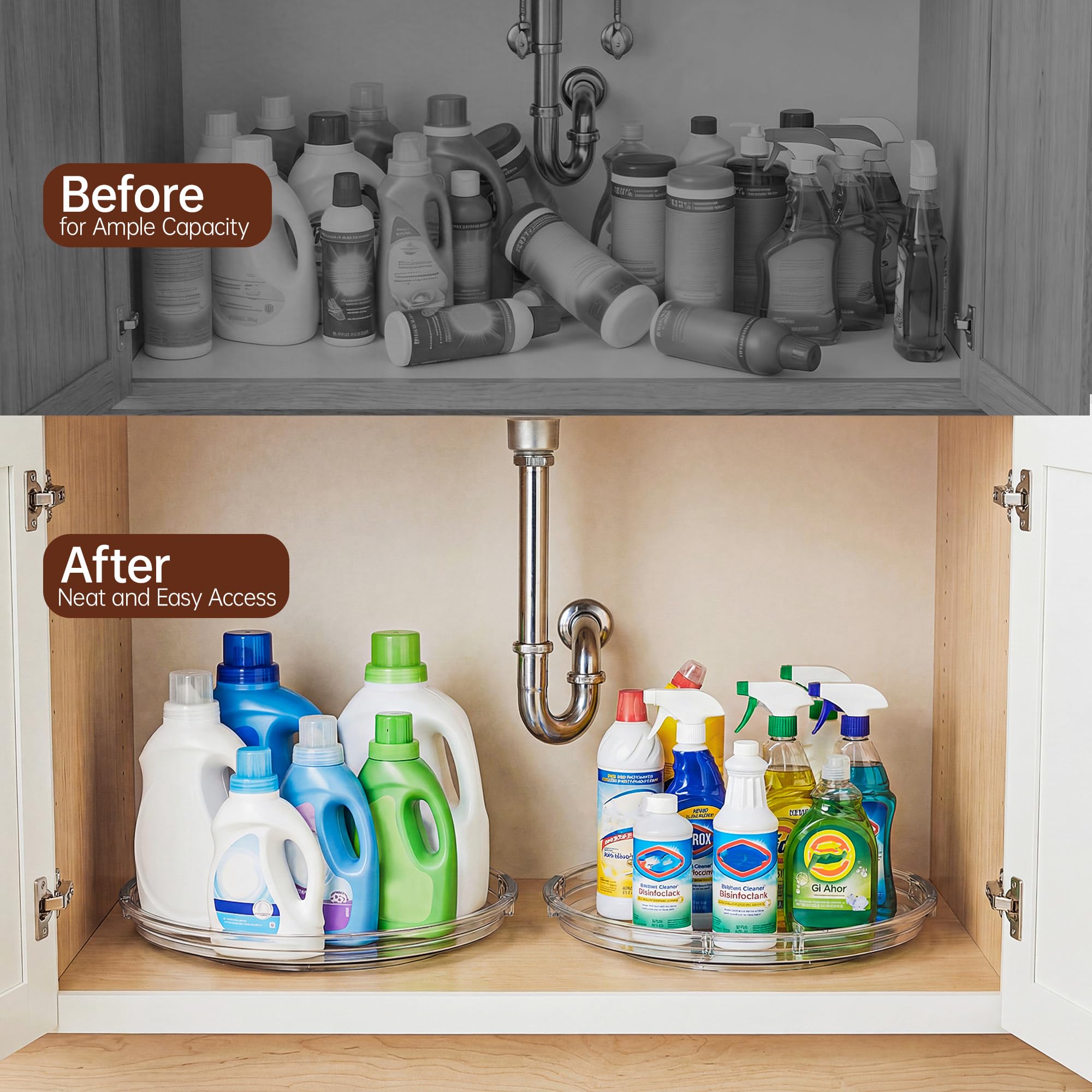 LAMU multiple lazy susans stacked in pantry showing modular organization benefit