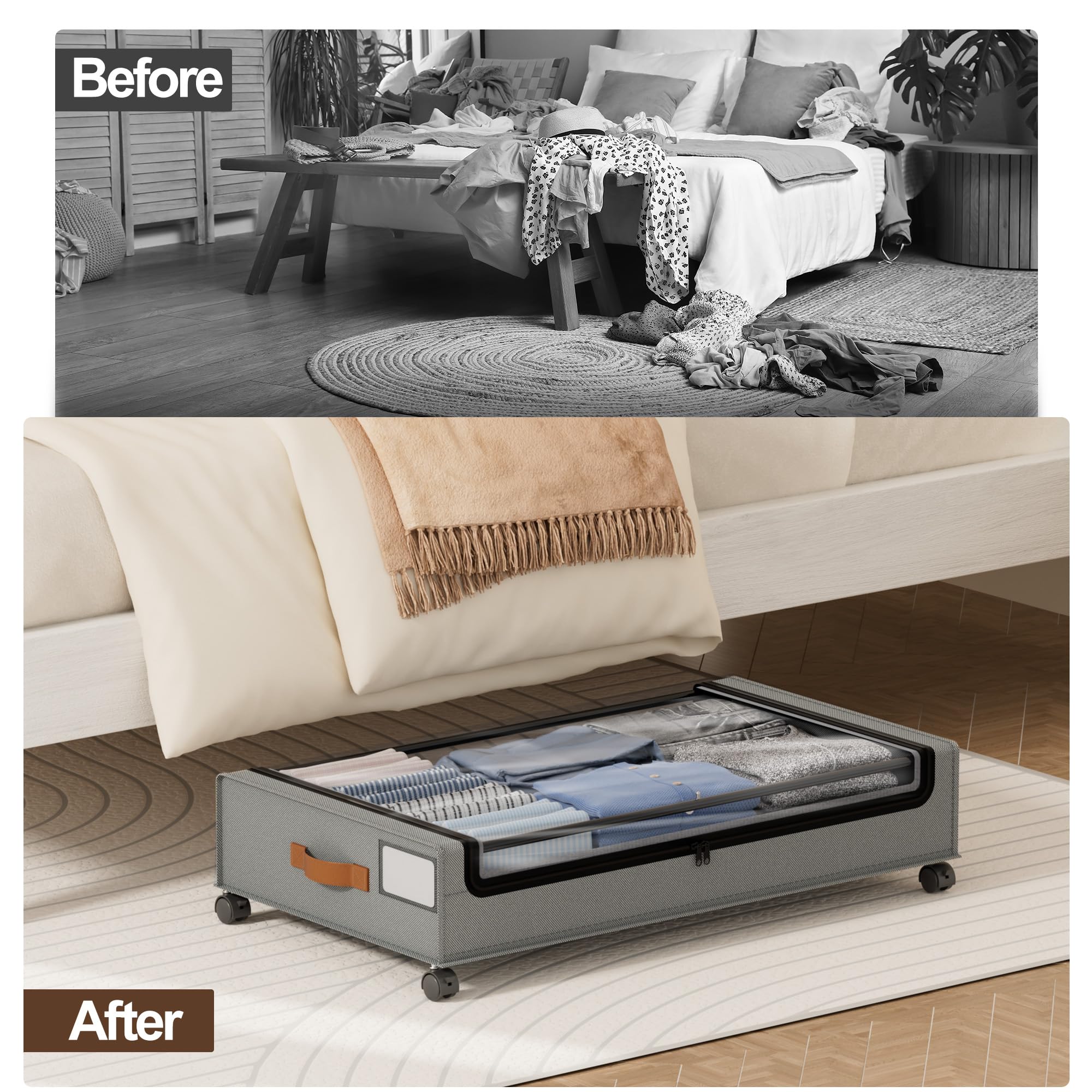 LAMU under bed container in bedroom showing space-saving, tidy storage