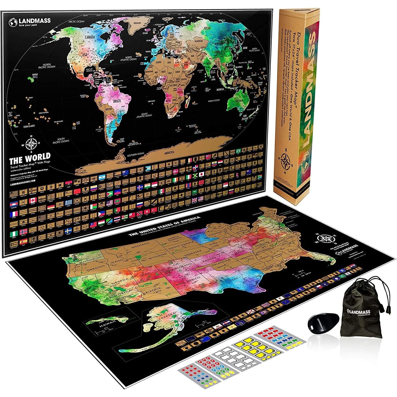 Landmass world map front view showing revealed countries and vibrant flags