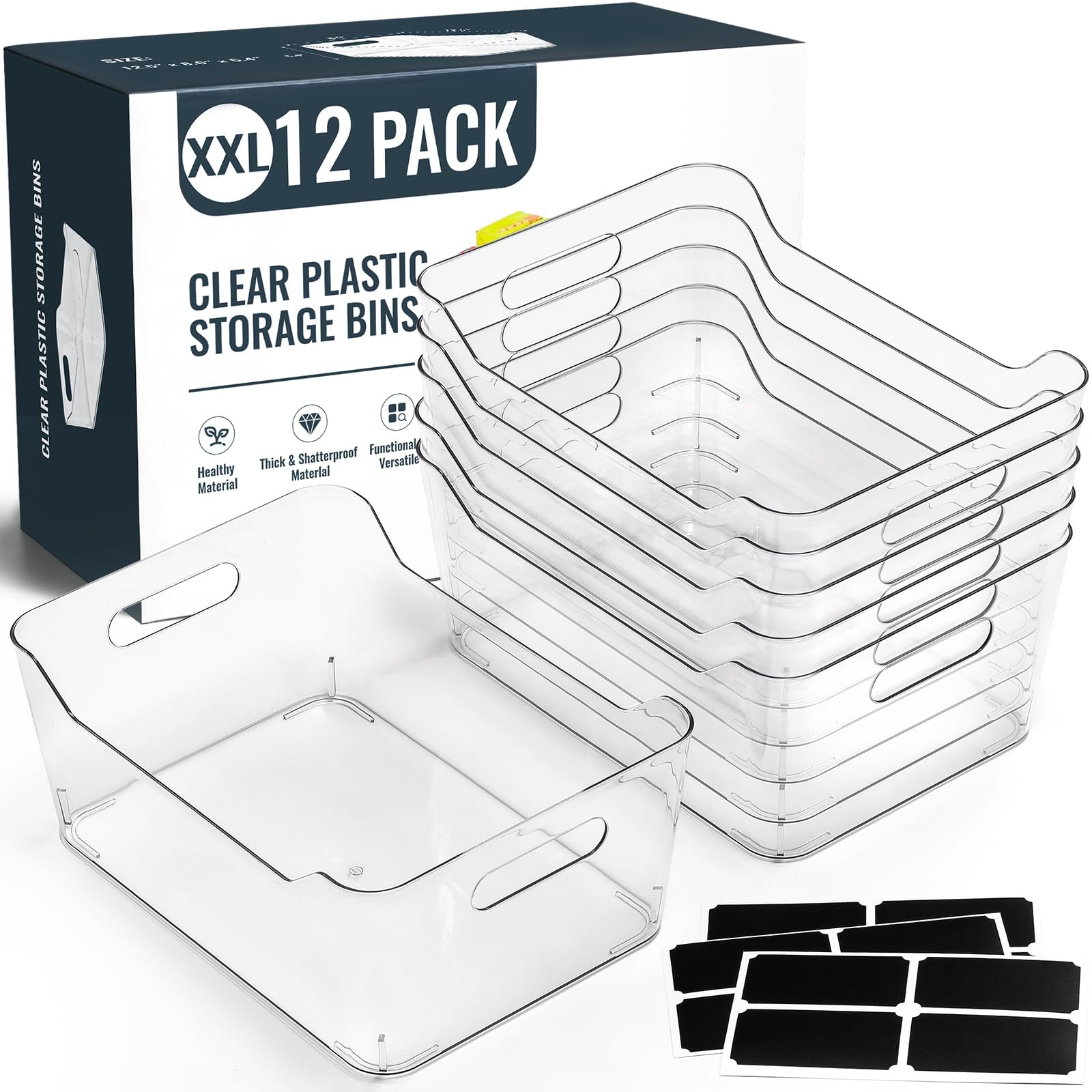 LANDNEOO front view of 12 clear bins showing organized benefit