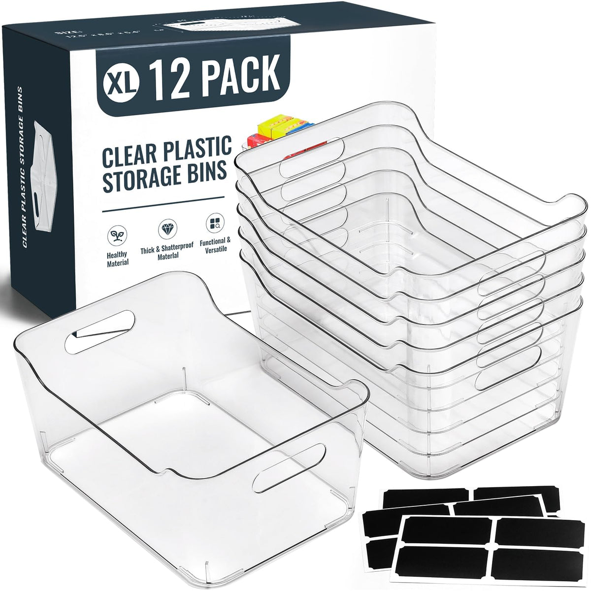LANDNEOO front view of 12-pack clear bins showing stacked set and labels for instant organization