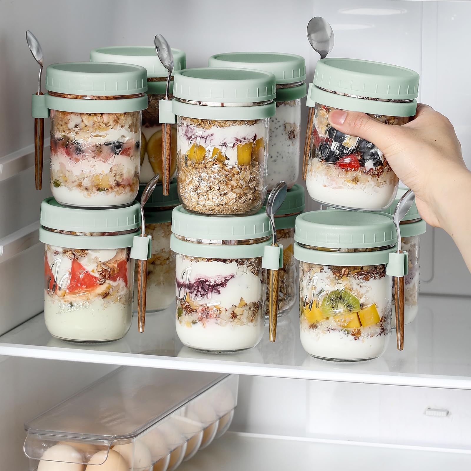 LANDNEOO jar held in hand for size comparison showing 16 oz capacity and portion control benefit
