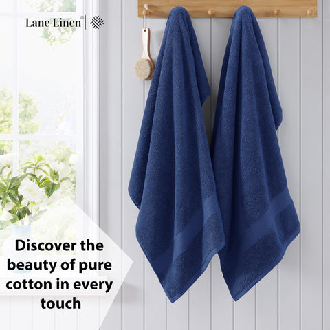 LANE LINEN neatly folded stack of navy bath sheets showing plush thickness