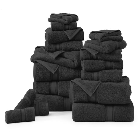 LANE LINEN folded towel stack in black highlighting neat storage