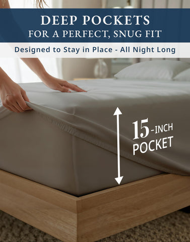 LANE LINEN fitted sheet pulled over mattress to show deep-pocket fit advantage
