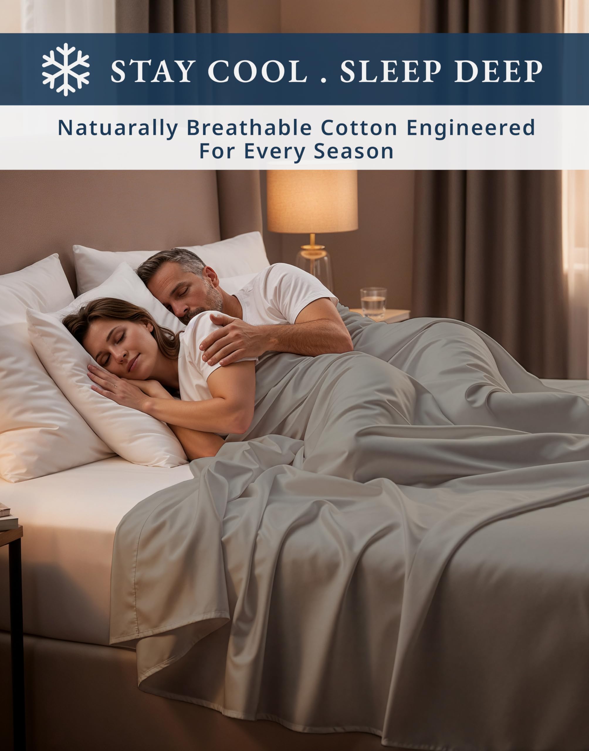 Lane Linen fitted sheet on thick mattress showing 16-inch depth fit and anti-slip benefit