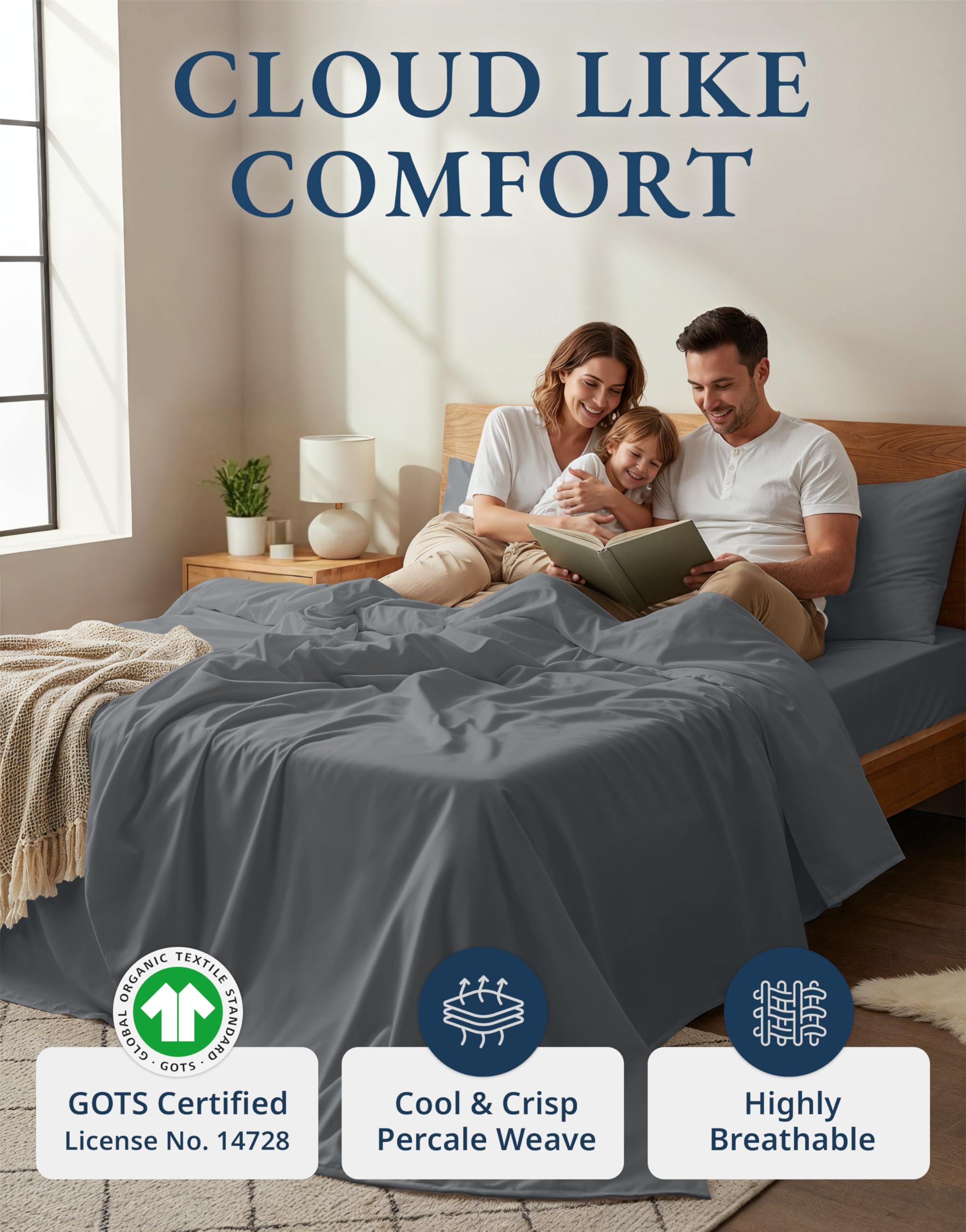 LANE LINEN deep pocket fitted sheet close-up showing elastic edge and secure fit benefit
