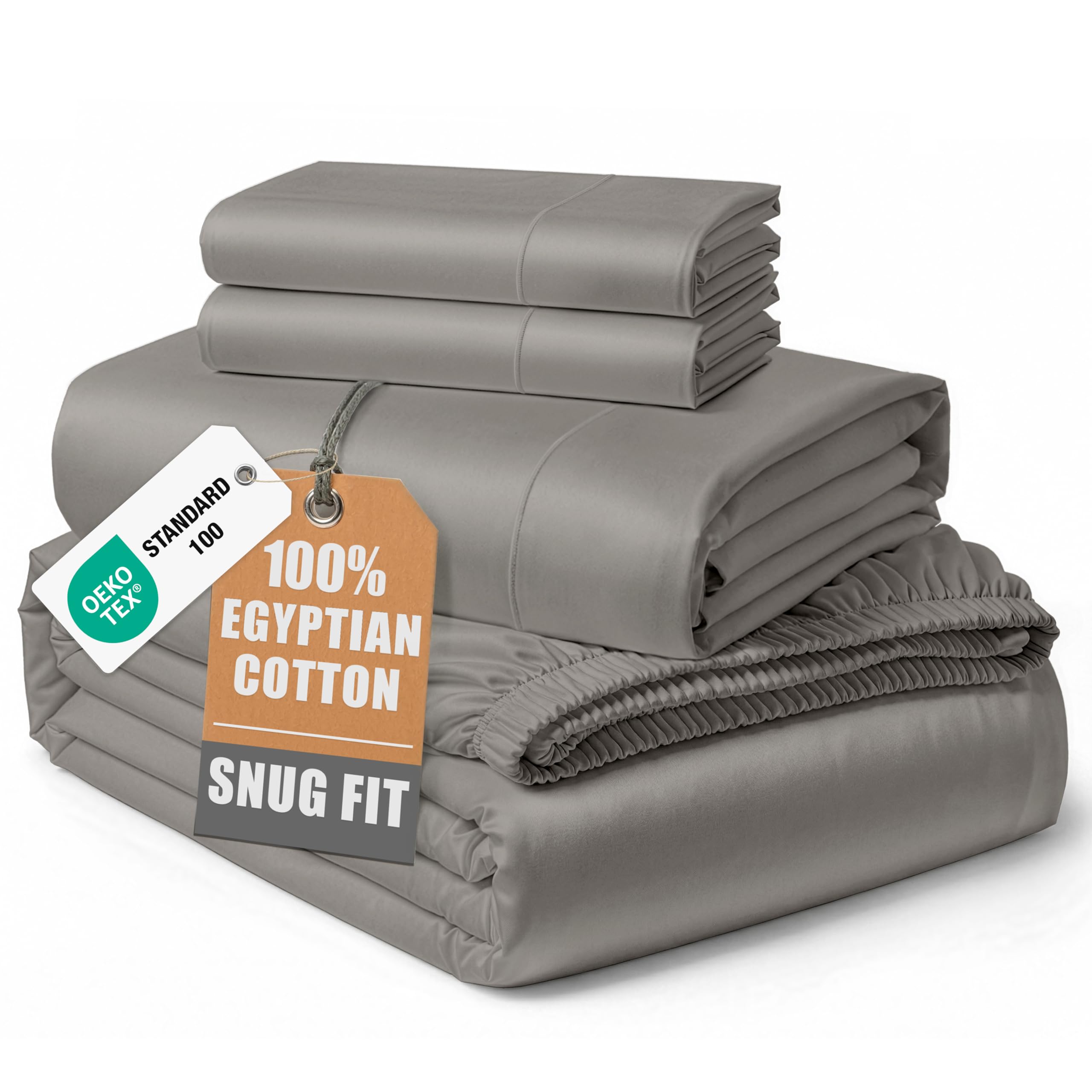 Lane Linen folded queen sheet set front view showing charcoal color and neat packaging benefit