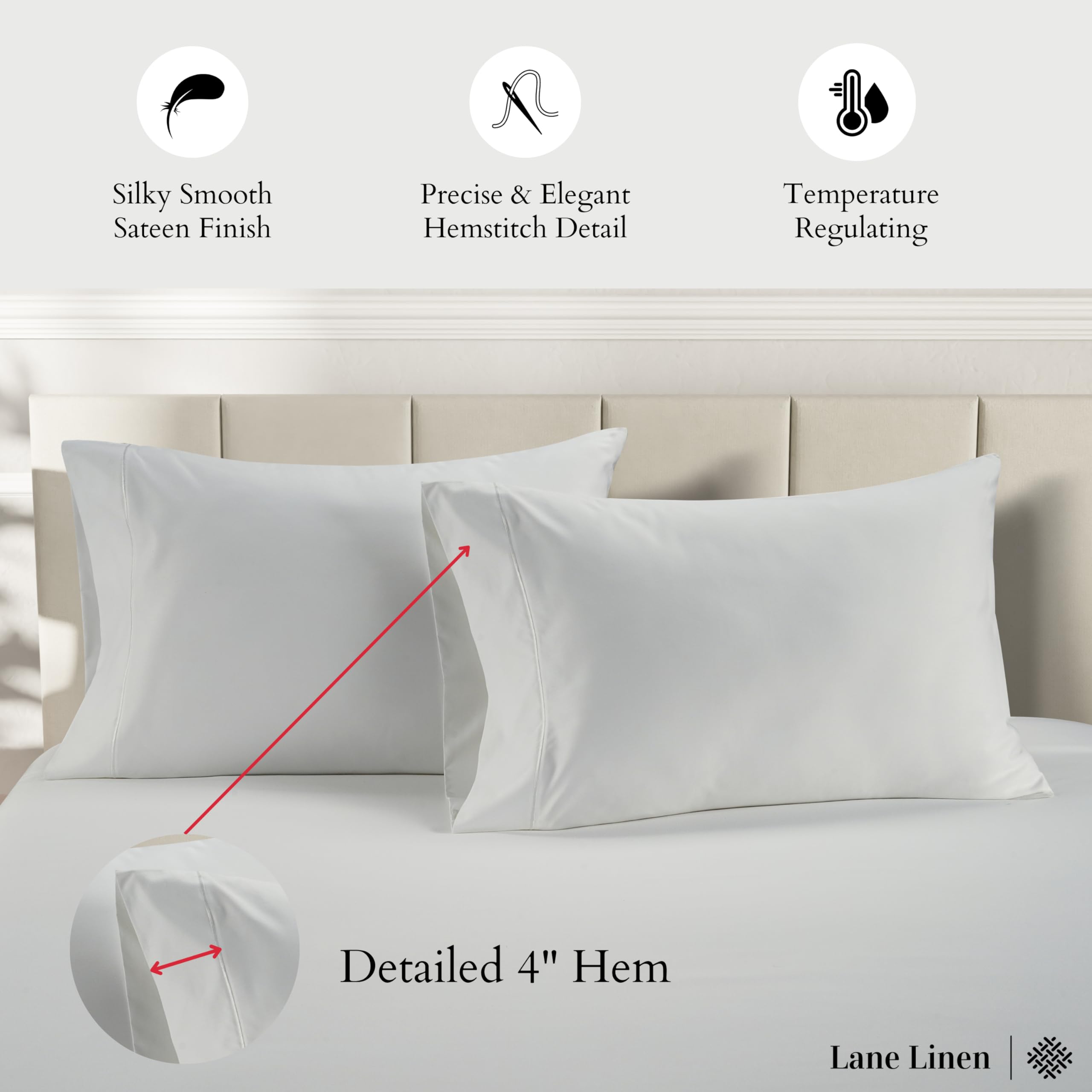 LANE LINEN close-up of sateen weave and 4-inch hem highlighting smooth texture and durability